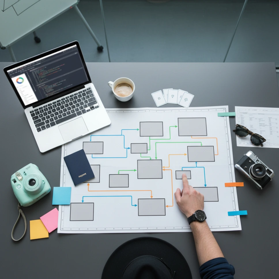 AI Generated ERP software development themed planning flatlay